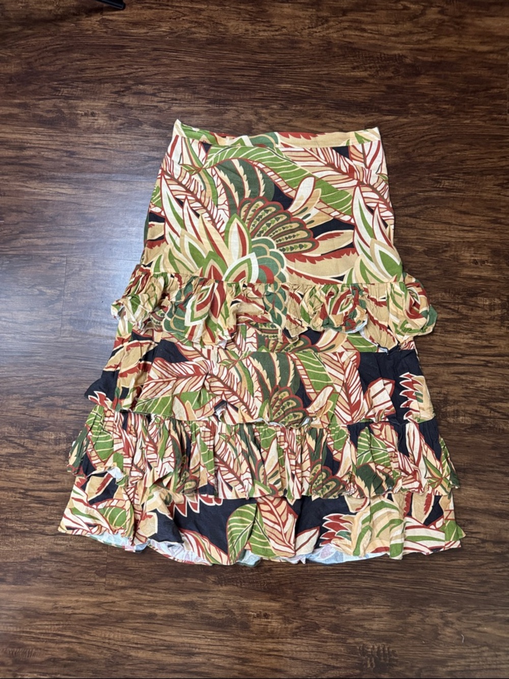Zara Tropical Leaf Ruffle Maxi Skirt in Green, Tan and Black XXL